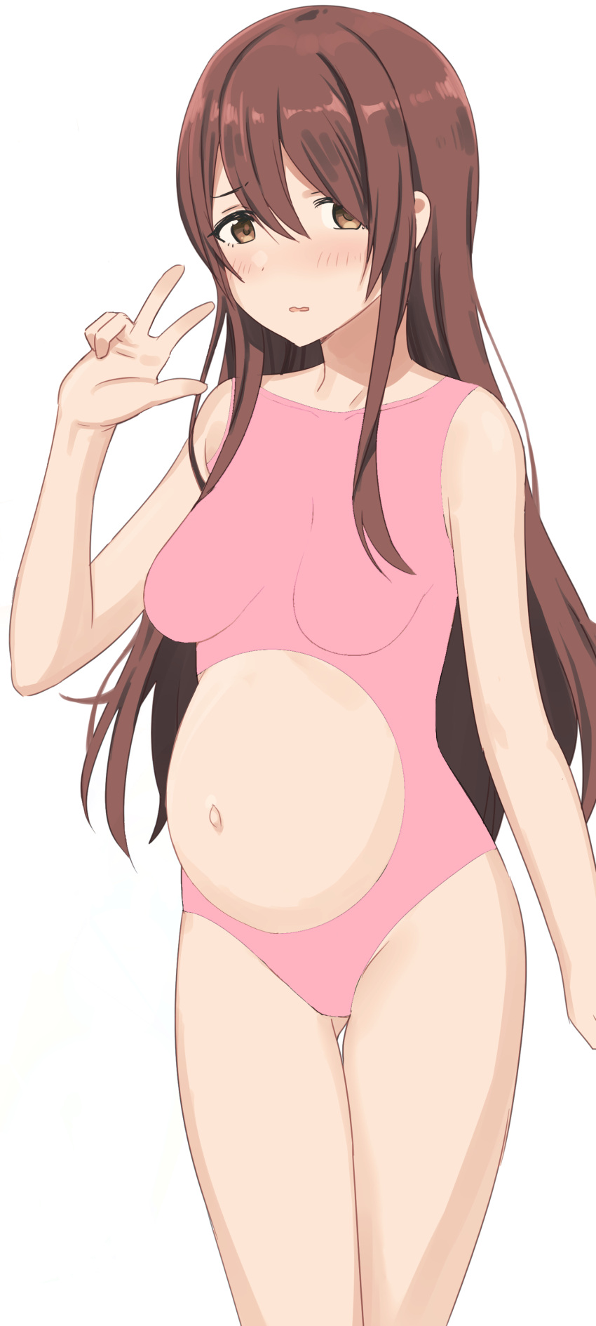 1girl artist_request brown_eyes brown_hair idolmaster idolmaster_shiny_colors long_hair looking_at_viewer one-piece_swimsuit oosaki_tenka pregnant simple_background solo swimsuit tagme white_background