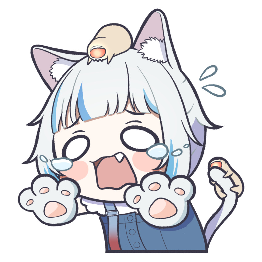 1girl animal_ear_fluff animal_ears animal_hands blue_dress blue_hair blush_stickers cat_ears cat_girl cat_tail character_request chibi commentary_request cropped_torso dress fang flying_sweatdrops gawr_gura gloves grey_gloves grey_hair highres hololive hololive_english moja_(mojya_777) multicolored_hair on_head open_mouth paw_gloves shirt simple_background streaked_hair tail teardrop upper_body virtual_youtuber wavy_mouth white_background white_shirt