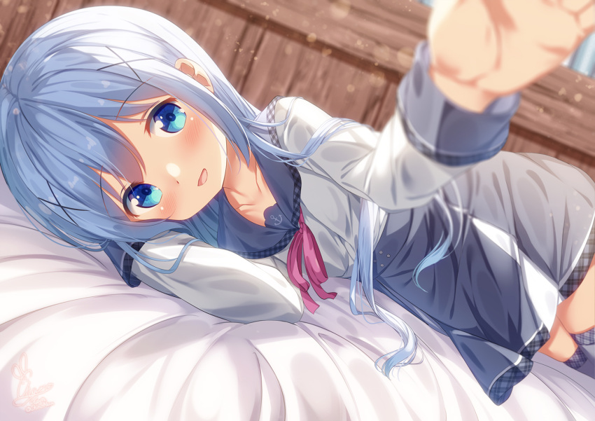 1girl anchor_symbol bed_sheet blue_eyes blue_hair blush chinomaron collarbone gochuumon_wa_usagi_desu_ka? grey_skirt grey_thighhighs hair_between_eyes hair_ornament kafuu_chino long_hair long_sleeves lying on_side open_mouth skirt smile solo thigh-highs x_hair_ornament