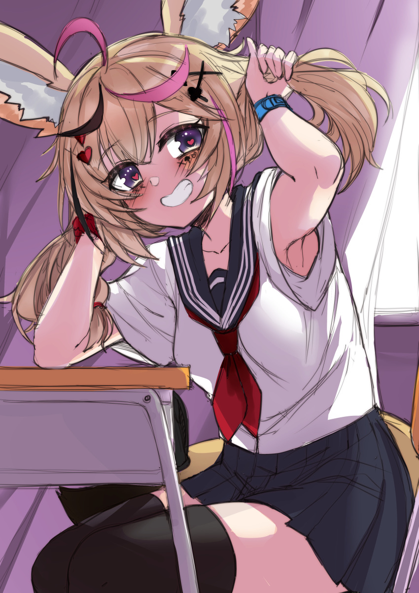 1girl absurdres ahoge animal_ears armpit_peek armpits black_hair blonde_hair chair curtains desk fox_ears fox_girl fox_tail grin hair_ornament hairclip heart heart-shaped_pupils highres hololive looking_at_viewer miniskirt multicolored_hair omaru_polka pink_hair sailor_collar school_uniform senbon_tsuki serafuku sitting skirt smile solo streaked_hair symbol-shaped_pupils tail twintails virtual_youtuber zettai_ryouiki