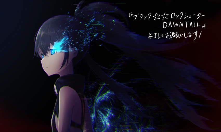 1girl absurdres background_text bangs bare_back bare_shoulders bikini bikini_top_only black_rock_shooter black_rock_shooter:_dawn_fall black_rock_shooter_(character) blue_eyes breasts closed_mouth commentary_request copyright_name crossed_bangs drawdream1025 english_commentary eyebrows_hidden_by_hair from_side highres long_hair multicolored_background partial_commentary sidelocks small_breasts solo swimsuit twintails upper_body