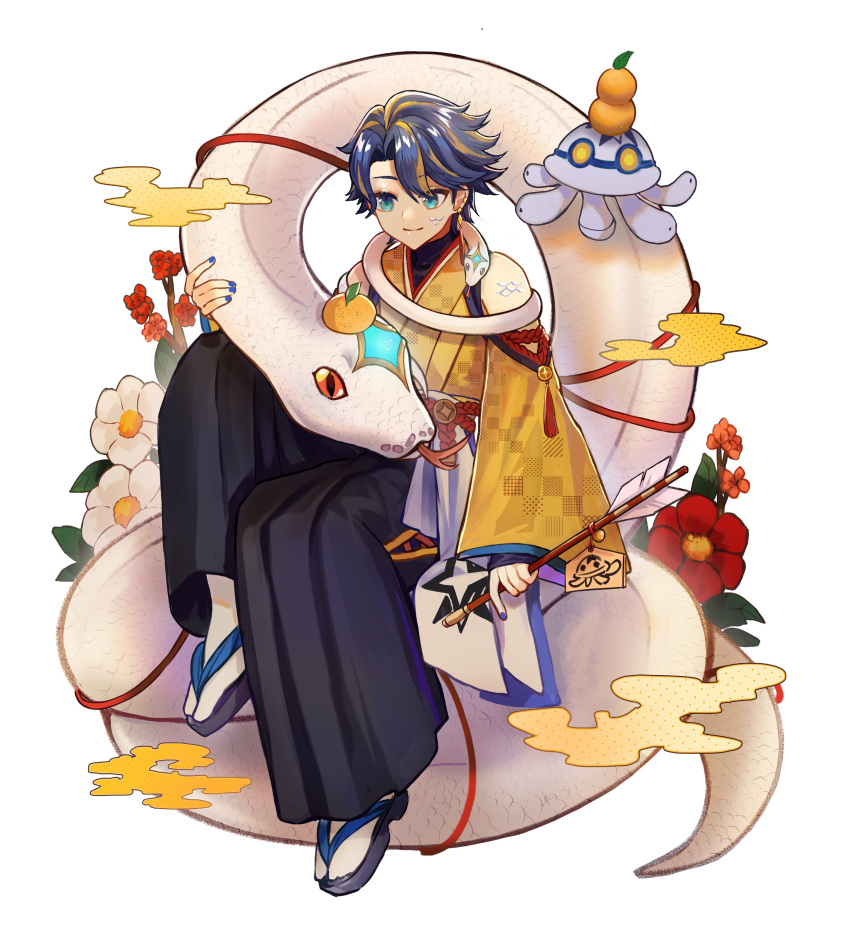 1boy absurdres animal_on_shoulder aqua_eyes arrow_(projectile) astel_leda black_hakama blonde_hair blue_hair blue_nails curtained_hair detached_sleeves earrings egasumi ema flower food food_on_head fruit fruit_on_head full_body hakama hakama_pants hakamii hamaya highres holding holding_arrow holostars japanese_clothes jewelry kimono looking_at_animal male_focus mandarin_orange multicolored_hair object_on_head okobo pants poruneu red_flower rope scales shimenawa short_hair simple_background single_earring sleeveless sleeveless_kimono smile snake solo streaked_hair tabi virtual_youtuber white_background white_flower yellow_kimono