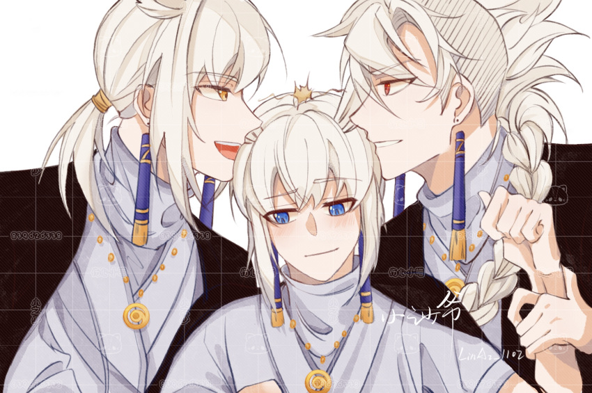 3boys bai_xiao blue_eyes braid caleb_(sky:_children_of_the_light) earrings face-to-face fireworks grey_hair highres jewelry long_hair long_sleeves male521842 mimizuku_(sky:_children_of_the_light) multiple_boys necklace open_mouth pointy_hair ponytail profile red_eyes siblings single_braid sky:_children_of_the_light sparkler tassel tassel_earrings twins upper_body v-shaped_eyebrows white_hair yellow_eyes