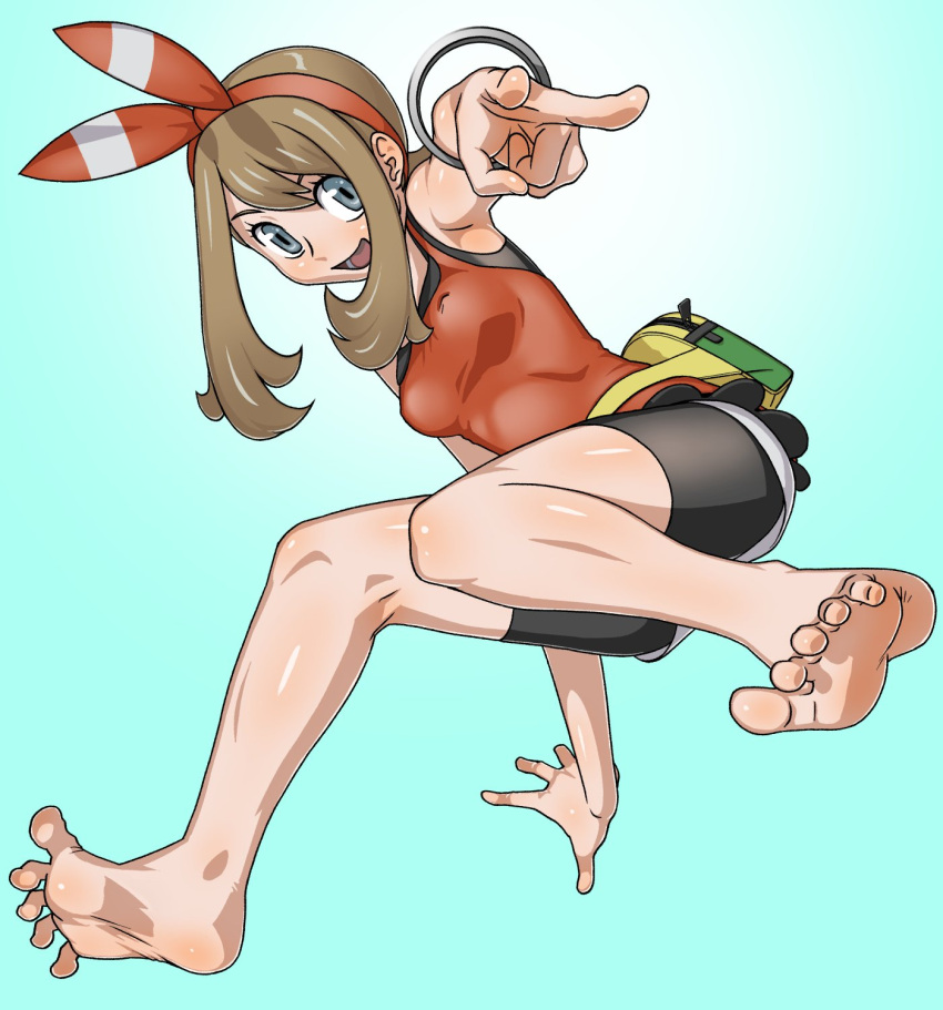 1girl barefoot bike_shorts bike_shorts_under_shorts black_shirt blue_background blue_eyes bracelet brown_hair fanny_pack haruka_(pokemon) haruka_(pokemon)_(remake) looking_at_viewer may_(pokemon) pokemon pokemon_(anime) pokemon_(game) pokemon_oras pokemon_rse pokemon_rse_(anime) red shirt shirt_under_shirt shorts_under_shorts smile soles solo toes