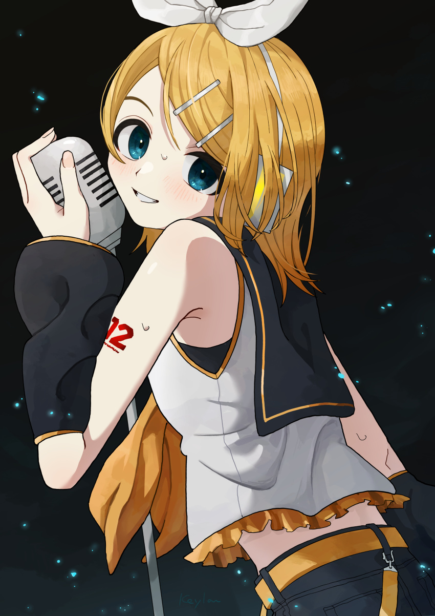 1girl absurdres bare_shoulders black_sailor_collar blonde_hair blue_eyes blush bow detached_sleeves frilled_shirt frills from_side grin hair_bow hair_ornament hairclip headphones headset highres holding holding_microphone kagamine_rin keylow looking_at_viewer microphone midriff neckerchief number_tattoo sailor_collar sailor_shirt shirt shorts shoulder_tattoo sleeveless sleeveless_shirt smile solo sweat sweatdrop tattoo upper_body vocaloid white_bow yellow_neckerchief