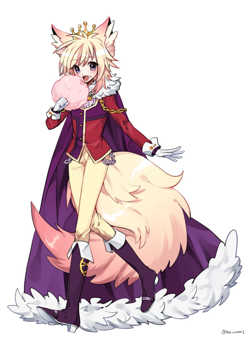 1boy animal_ears blonde_hair cape commission cotton_candy crown eating food fox_boy fox_ears fox_tail full_body fur_trim gloves highres holding holding_food long_sleeves looking_at_viewer majy male_focus multicolored_hair original pants pink_hair prince_rigel_(majy) second-party_source solo tail violet_eyes white_background