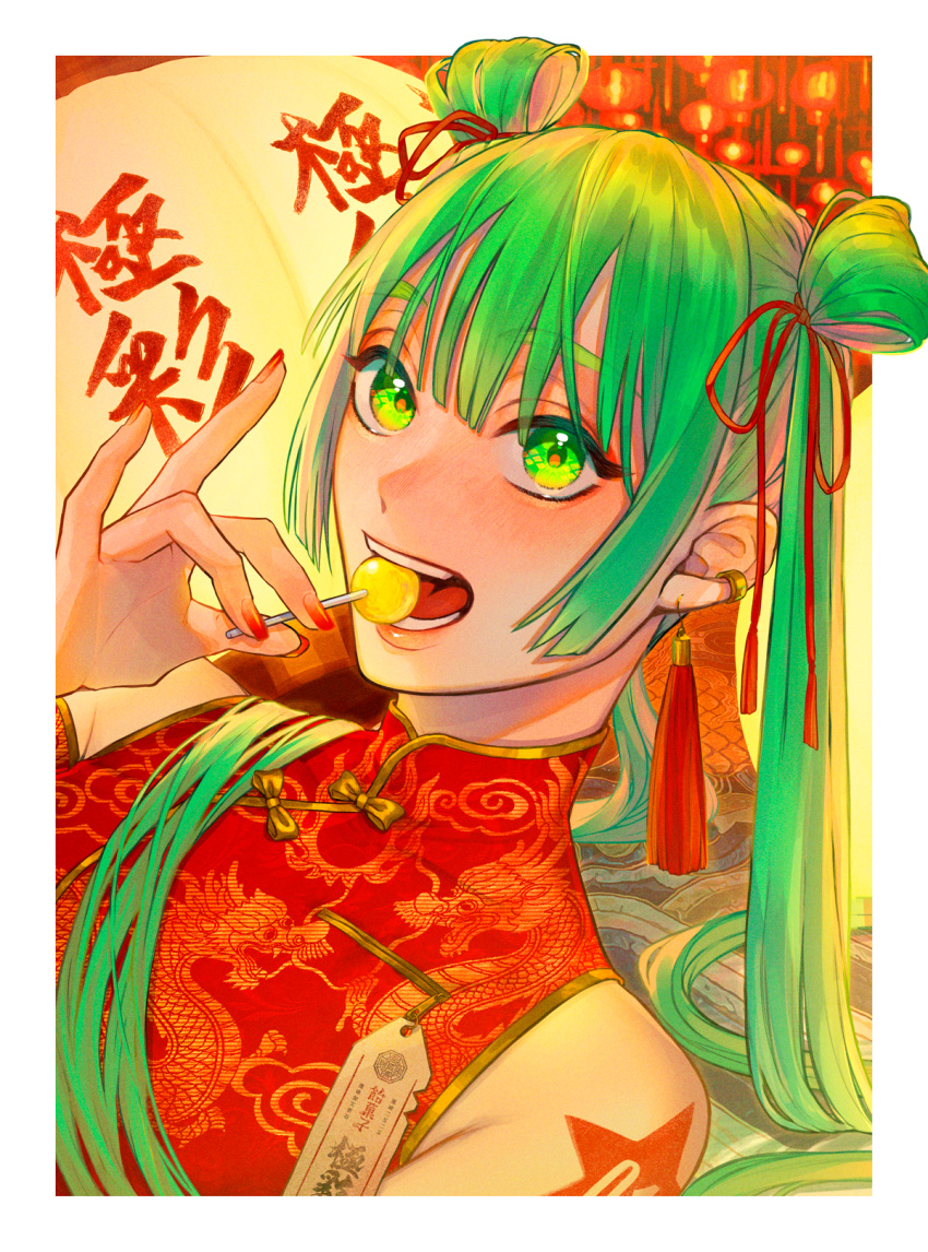1girl candy chinese_clothes double_bun ear_piercing earrings food gradient_nails green_eyes green_hair hair_between_eyes hair_bun hair_ribbon hannyag hatsune_miku highres holding holding_food jewelry lantern lollipop looking_at_viewer mouth_hold nail_art nail_polish paper_lantern piercing red_nails ribbon shanghai_ameiro_hibiki_kyoku_(vocaloid) shoulder_tattoo sleeveless solo tassel tassel_earrings tattoo twintails vocaloid
