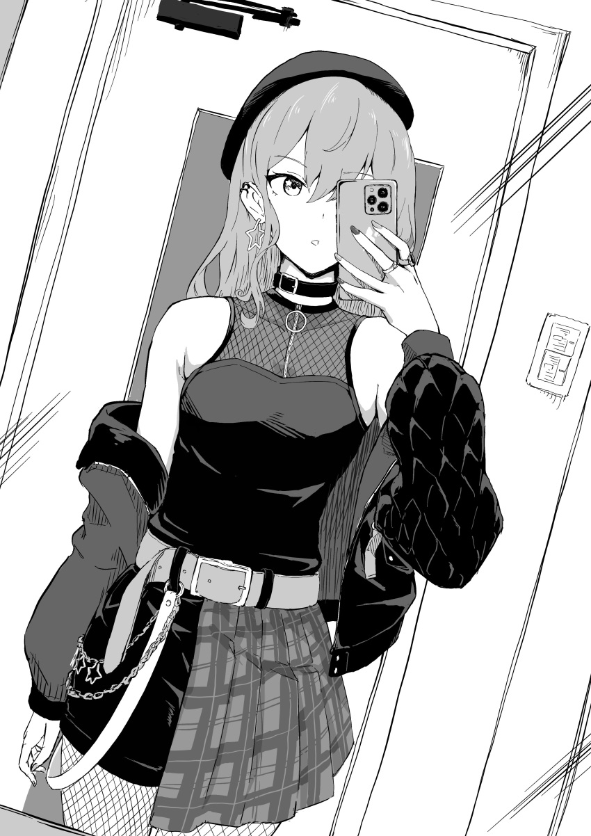 1girl absurdres amagu_vocadoro belt cellphone collar earrings fishnets greyscale hair_behind_ear highres holding holding_phone hololive hoshimachi_suisei iphone_x jacket jewelry mirror monochrome off_shoulder parted_lips phone plaid plaid_skirt selfie skirt smartphone solo star_(symbol) star_earrings virtual_youtuber
