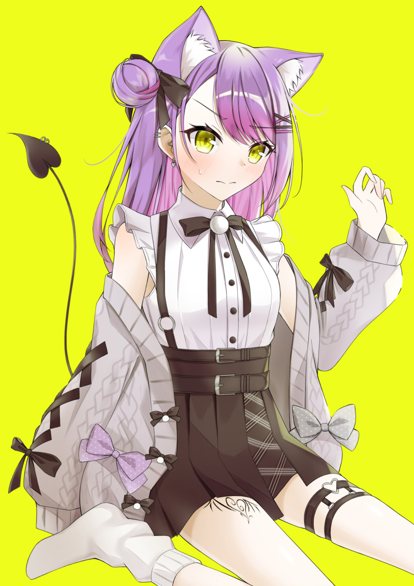 1girl animal_ear_fluff animal_ears aran_sweater bangs belt black_bow black_bowtie black_ribbon black_skirt blush bow bowtie cardigan cat_ears collared_shirt colored_inner_hair demon demon_tail ear_piercing earrings embarrassed frilled_shirt frilled_sleeves frills green_eyes grey_cardigan hair_bun hair_ornament hair_ribbon hairclip heart heart_earrings heart_o-ring high-waist_skirt highres hololive jewelry leg_tattoo long_hair looking_at_viewer loose_socks miniskirt multicolored_hair off_shoulder official_alternate_costume open_cardigan open_clothes piercing pink_hair pleated_skirt pom_pom_(clothes) purple_hair ribbon ridario_(eag0003) shirt short_sleeves simple_background single_side_bun sitting skirt socks solo suspender_skirt suspenders sweatdrop sweater swept_bangs tail tail_ornament tail_piercing tattoo thigh_strap tokoyami_towa virtual_youtuber white_shirt white_socks yellow_background