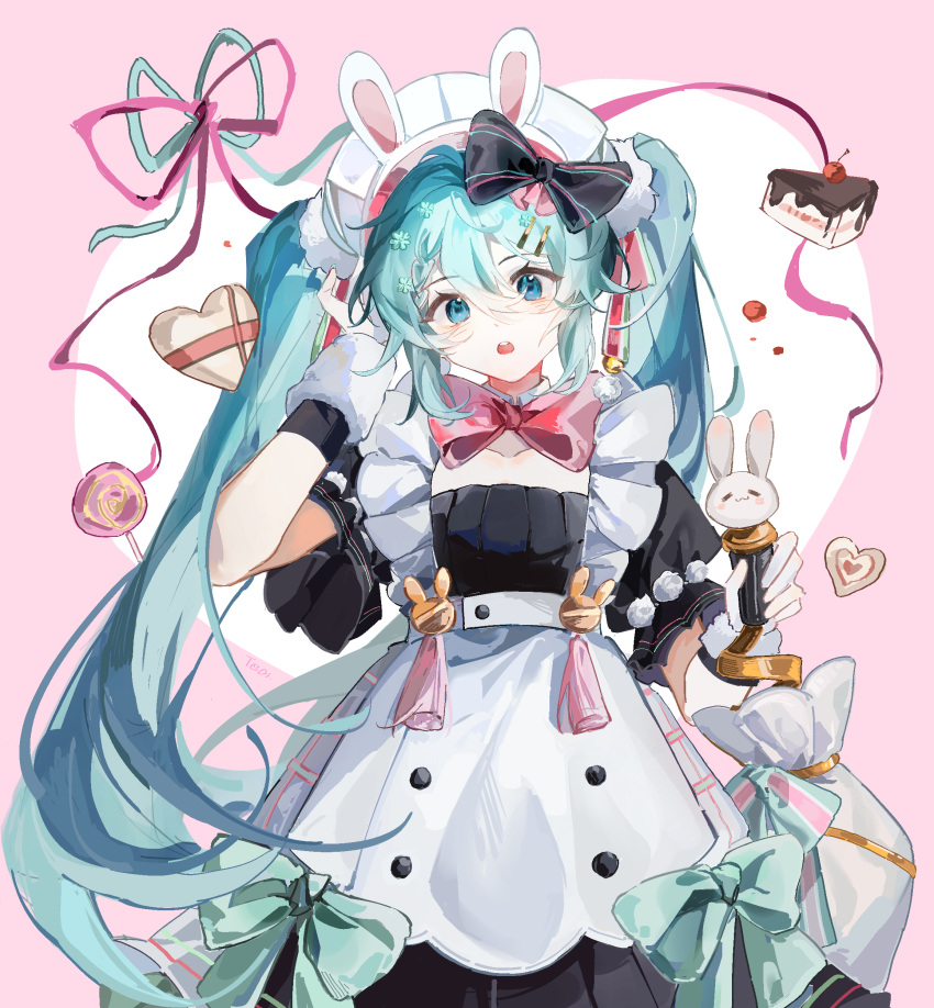 1girl :o absurdres animal_ears apron aqua_bow aqua_eyes aqua_hair bangs black_dress bow bowtie box cake cake_slice candy collarbone commentary cowboy_shot detached_collar dress dress_bow fake_animal_ears flower food gift_bag hair_between_eyes hair_bow hair_flower hair_ornament hairclip hand_up hatsune_miku heart heart-shaped_box highres holding lollipop looking_at_viewer maid maid_apron maid_headdress open_mouth pink_background pink_ribbon rabbit_ears red_bow red_bowtie ribbon signature solo standing straight-on striped striped_bow symbol-only_commentary twintails two-tone_background vocaloid waist_apron white_apron white_headwear wristband wu_dong_xiang