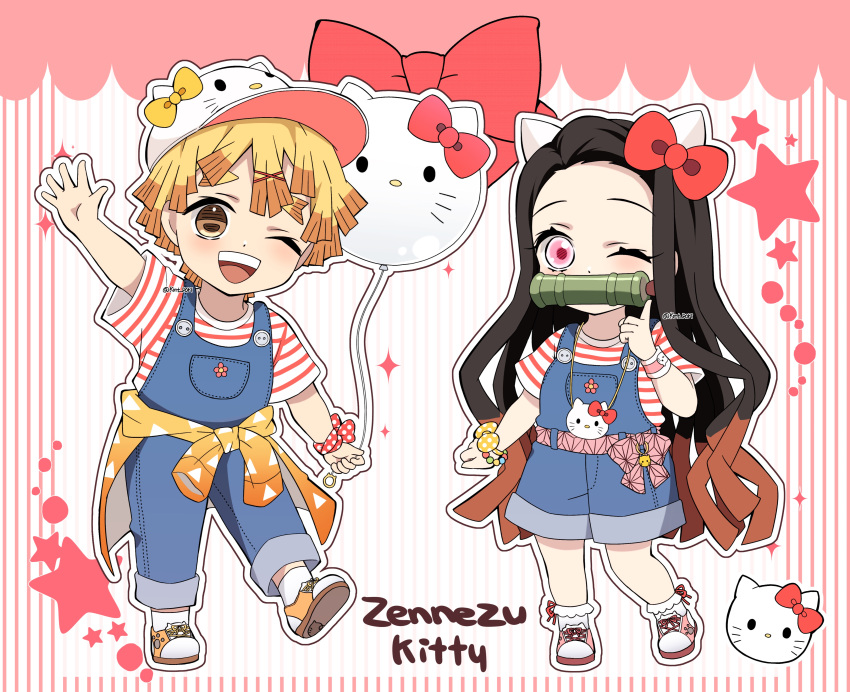 1boy 1girl absurdres agatsuma_zenitsu balloon black_hair blonde_hair bow brown_hair cat closed_eyes clothes_around_waist hair_ornament hairband hand_up haori hello_kitty highres japanese_clothes kamado_nezuko kimetsu_no_yaiba looking_at_viewer multicolored_hair one_eye_closed open_mouth overalls pink_background pink_eyes pointing pointing_up pori_(kmt_pori) red_bow sanrio shirt shoes smile socks striped striped_shirt t-shirt transparent_background twitter_username two-tone_hair wristband yellow_eyes