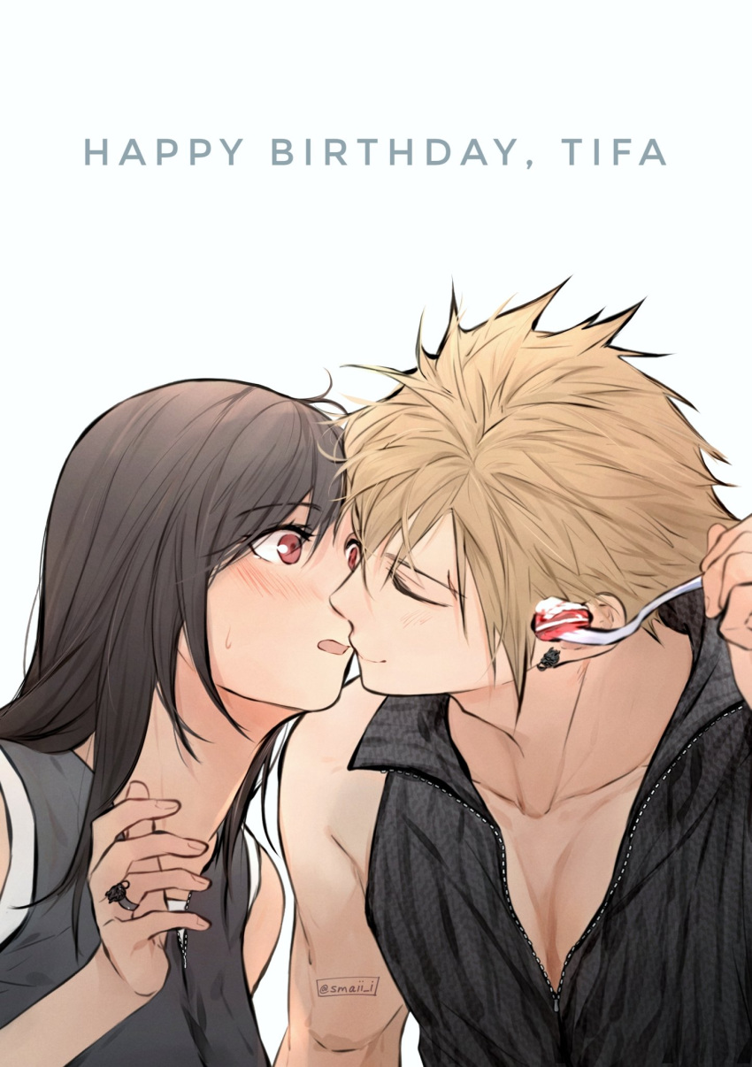 1boy 1girl arm_ribbon bare_shoulders black_hair blonde_hair blush brown_hair cake character_name closed_eyes cloud_strife couple crop_top earrings english_commentary feeding final_fantasy final_fantasy_vii final_fantasy_vii_advent_children food fork happy_birthday hetero high_collar highres holding holding_fork jewelry kiss long_hair maiii_(smaii_i) open_mouth red_eyes ribbon ring shirt simple_background sleeveless smile spiky_hair surprise_kiss surprised tifa_lockhart twitter_username upper_body