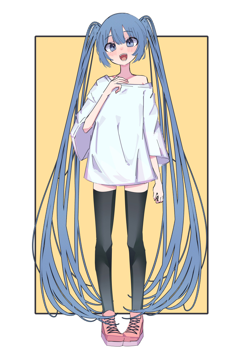 1girl absurdres aqua_eyes bare_shoulders blush border framed hand_on_own_chest hatsune_miku highres light_blue_hair long_hair long_shirt looking_at_viewer loose_sleeves myakuroekako off_shoulder open_mouth pigeon-toed pink_footwear shirt shoes smile sneakers solo t-shirt thigh-highs twintails very_long_hair vocaloid wide_sleeves yellow_background zettai_ryouiki