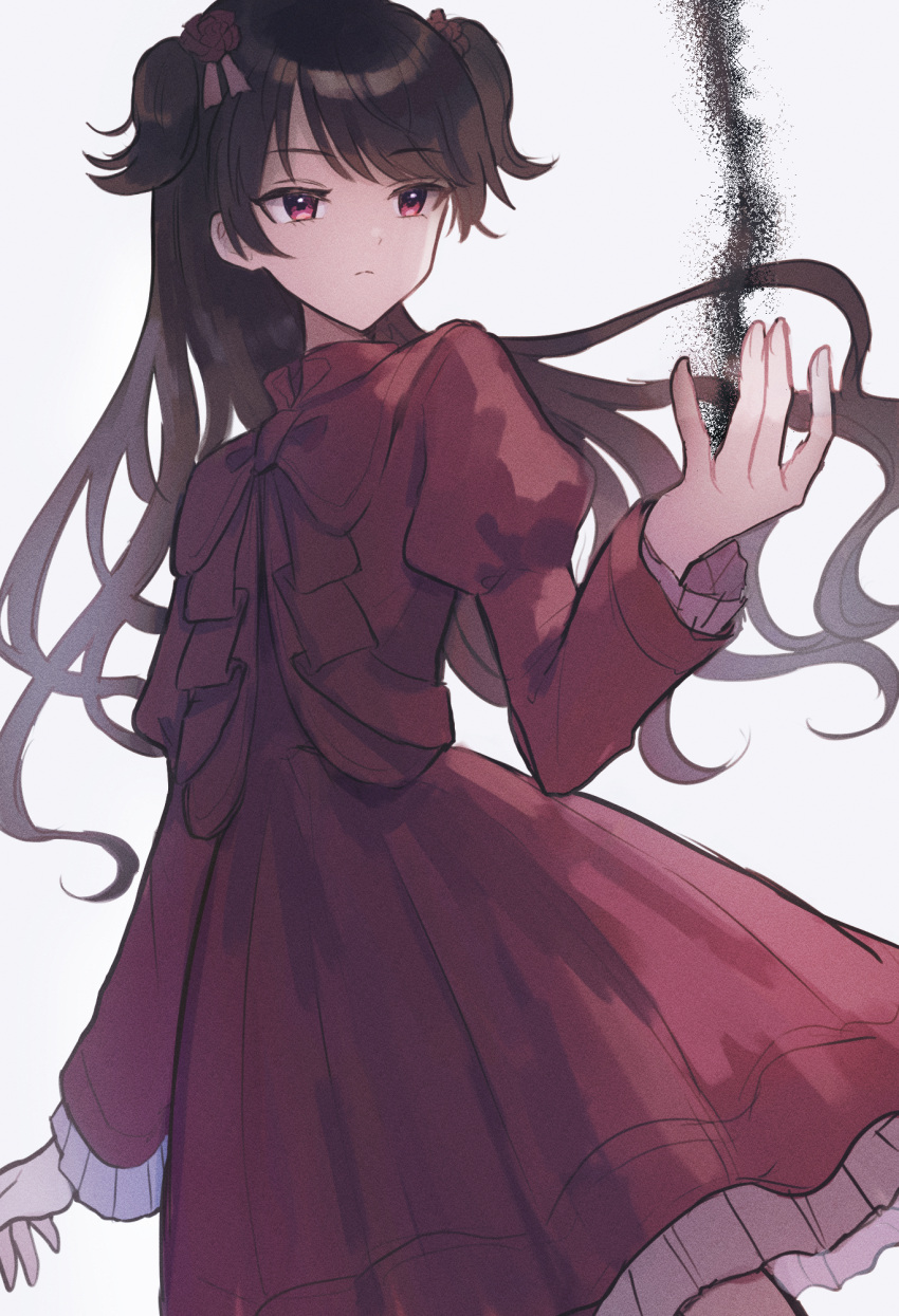 1girl black_hair dress expressionless flower grey_background hair_flower hair_ornament highres humanization kate_(shadows_house) long_hair looking_at_hand mametarou_(mameji) red_dress red_eyes shadows_house simple_background solo soot two_side_up