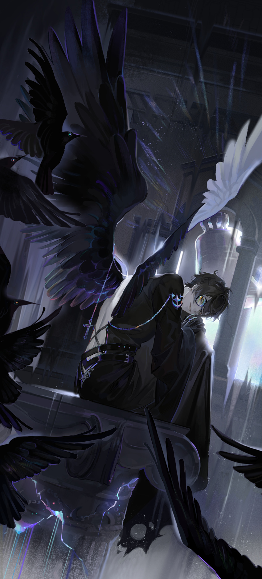 1boy absurdres amon_(lord_of_the_mysteries) angel angel_wings bangs bare_back bell bell_tower bird black_eyes black_hair black_robe black_wings chain chinese_commentary commentary_request cross crow dark day earrings highres indoors jewelry looking_back lord_of_the_mysteries monocle mrthersh parted_lips pillar robe smile solo teeth wings