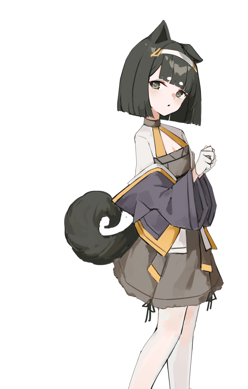 1girl absurdres animal_ears black_hair black_jacket closed_mouth commentary_request dog_ears dog_girl dog_tail dress ear_down feet_out_of_frame gloves grey_dress grey_eyes hairband hands_up highres jacket long_sleeves looking_at_viewer looking_to_the_side off_shoulder original shiro_wa_(shiroshironix) short_hair simple_background solo standing tail unaligned_ears white_background white_gloves white_hairband wide_sleeves