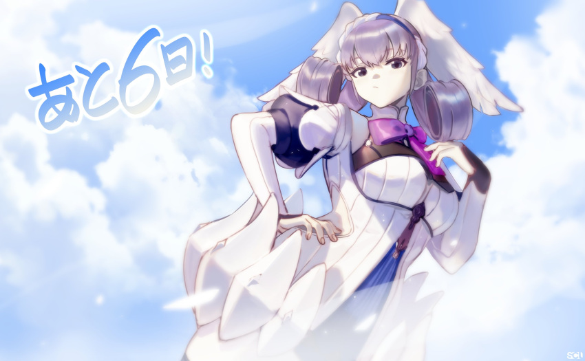 1girl blue_eyes braid crown_braid curly_hair dress grey_hair head_wings highres juliet_sleeves long_sleeves melia_antiqua o-ring puffy_sleeves short_dress solo songchuan_li thigh-highs twintails white_background wings xenoblade_chronicles:_future_connected xenoblade_chronicles_(series) xenoblade_chronicles_1