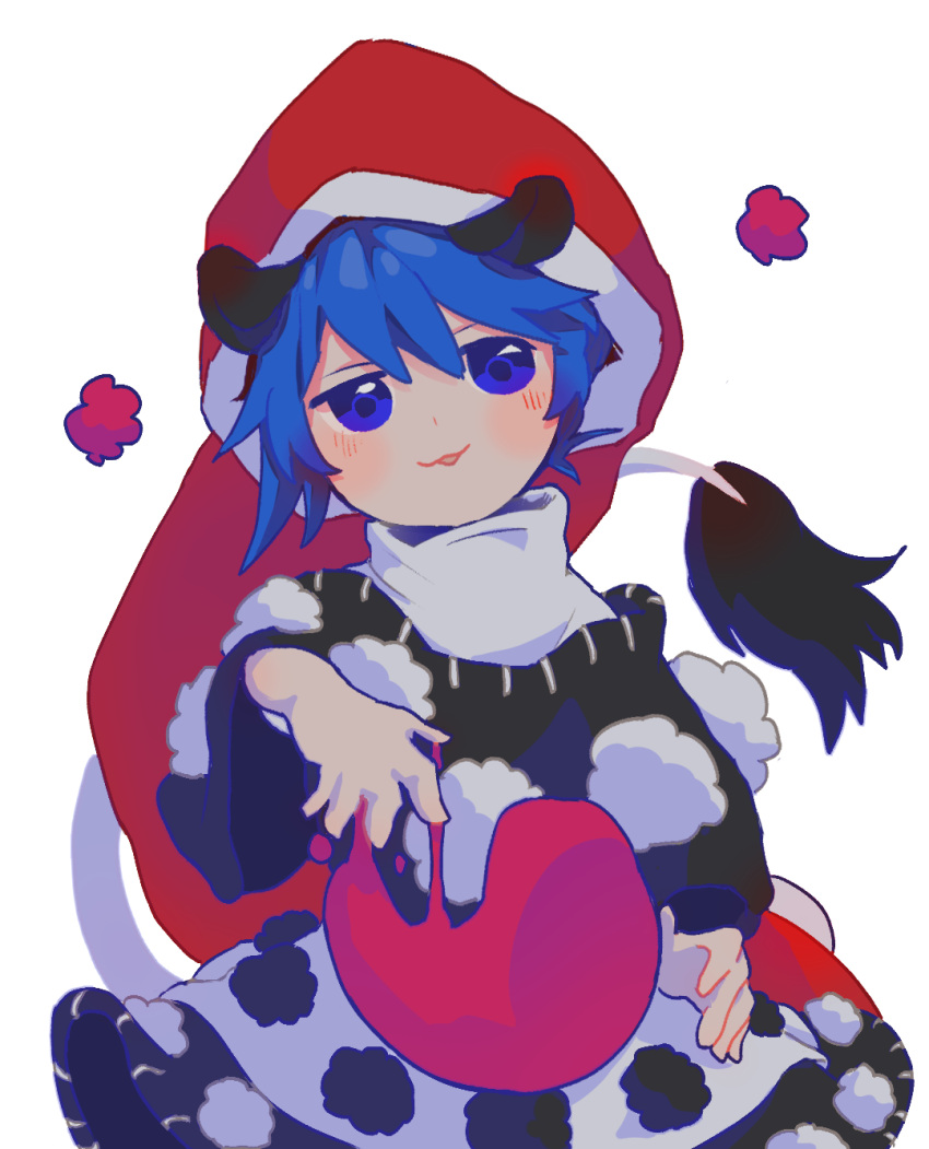 1girl animal_ears black_capelet black_dress blob blue_eyes blue_hair capelet commentary_request doremy_sweet dream_soul dress hat highres minamia23 nightcap pom_pom_(clothes) short_hair solo tail tapir_ears tapir_tail touhou white_dress