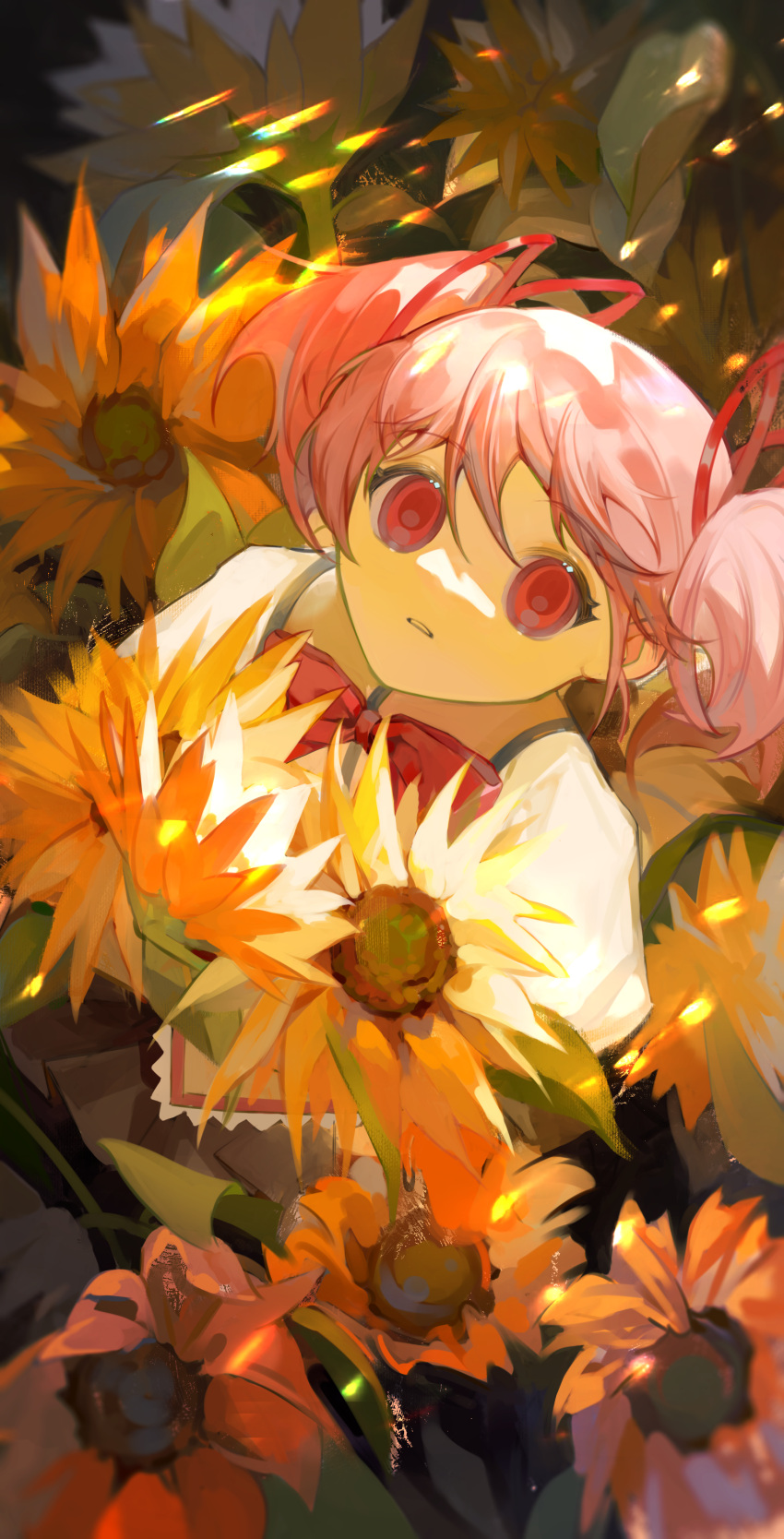 1girl absurdres bangs bow bowtie brown_skirt chinese_commentary commentary_request dutch_angle expressionless floral_background flower from_above haihaihaihaige hair_ribbon highres holding holding_flower kaname_madoka leaf light_particles long_sleeves looking_at_viewer looking_up mahou_shoujo_madoka_magica mitakihara_school_uniform orange_flower parted_lips pink_eyes pink_hair red_bow red_bowtie ribbon school_uniform short_hair short_twintails skirt solo sunflower twintails upper_body