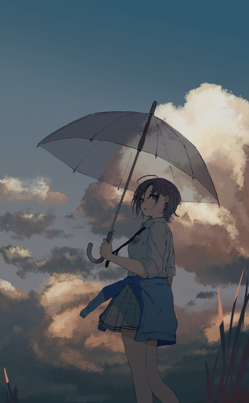 1girl absurdres ahoge asakura_toru bangs blue_eyes blue_hair blue_sky breast_pocket brown_hair clouds cloudy_sky collared_shirt commentary_request dark dress_shirt ear_piercing earrings expressionless feet_out_of_frame gradient_hair gradient_sky grey_sky highres holding holding_umbrella idolmaster idolmaster_shiny_colors insignia jewelry looking_back multicolored_hair nail_polish necktie open_mouth outdoors parted_bangs piercing pleated_skirt pocket school_uniform shade shirt short_hair skirt sky solo takagaki_eru transparent transparent_umbrella umbrella white_shirt
