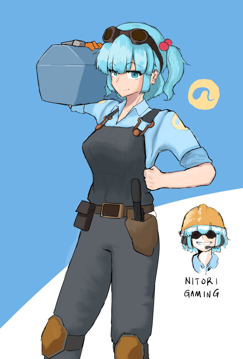 1girl absurdres belt blue_hair commentary_request cosplay cowboy_shot goggles grin hand_on_hip hardhat helmet highres kawashiro_nitori knee_pads smile team_fortress_2 the_engineer the_engineer_(cosplay) toolbox touhou two_side_up yellow_headwear