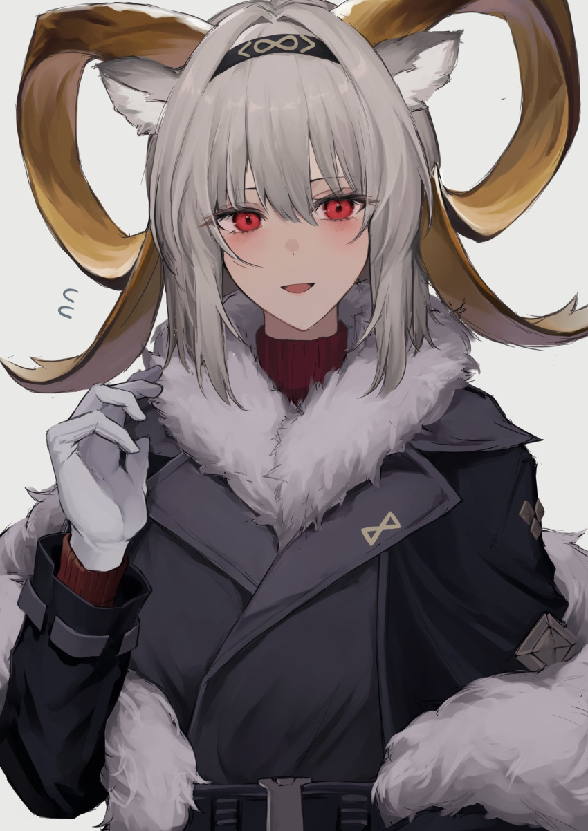 1girl :d animal_ears arknights bangs belt black_coat black_hairband blush carnelian_(arknights) carnelian_(hohenlohe_chillysand)_(arknights) coat dark-skinned_female dark_skin flying_sweatdrops fur_shawl gloves goat_ears goat_girl goat_horns grey_hair hairband highres horns hyakutarou_(momotar0_4) long_sleeves official_alternate_costume open_mouth red_eyes shawl short_hair simple_background smile solo upper_body white_background white_gloves