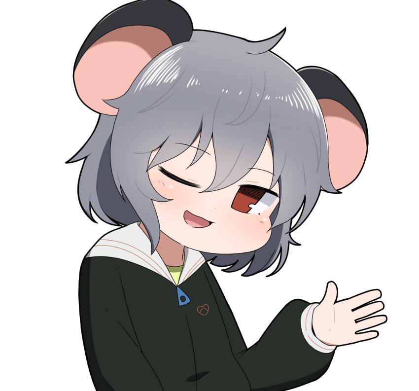 1girl alternate_costume animal_ears bangs black_jacket blush commentary_request cookie_(touhou) grey_hair hair_between_eyes highres jacket looking_at_viewer madore mouse_ears mouse_girl nazrin nyon_(cookie) one_eye_closed open_mouth red_eyes shirt short_hair simple_background smile solo touhou upper_body white_background yellow_shirt