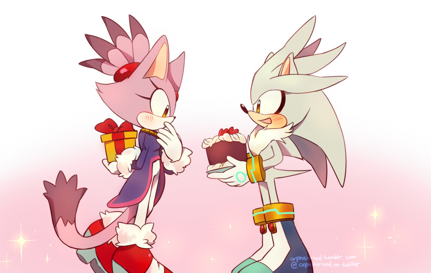 1boy 1girl blaze_the_cat blush boots box cake dress food fruit furry furry_female furry_male gift gift_box gloves high_heels highres open_mouth orange_eyes orphisterical silver_the_hedgehog smile sonic_(series) standing strawberry strawberry_cake tail valentine white_gloves