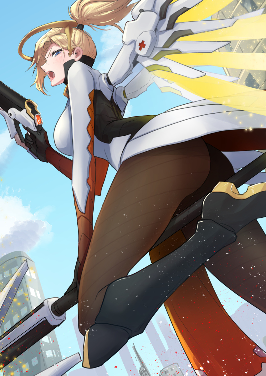 1girl ass back black_footwear blonde_hair blue_eyes blue_sky blush boots breasts brown_pantyhose city clash_kuro_neko glowing glowing_wings gun handgun highres looking_at_viewer looking_back mechanical_halo mechanical_wings medium_breasts medium_hair mercy_(overwatch) open_mouth outdoors overwatch overwatch_1 pantyhose ponytail sky spread_wings staff standing standing_on_one_leg swiss_flag weapon wings yellow_wings