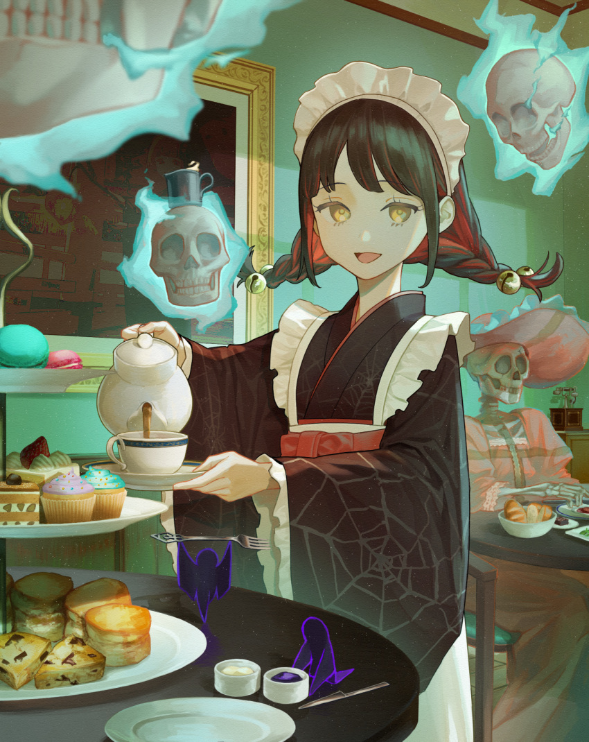 1girl 1other bangs bell biscuit_(bread) black_hair braid cake chair cup cupcake dress floating_skull food glowing hair_bell hair_ornament hat highres holding holding_tray japanese_clothes kimono long_hair macaron maid matsu_bokkuri multicolored_hair open_mouth original pink_dress redhead saucer shiny shiny_hair skeleton skull smile solo spider_web_print streaked_hair table tea teacup teapot tray twin_braids undead yellow_eyes