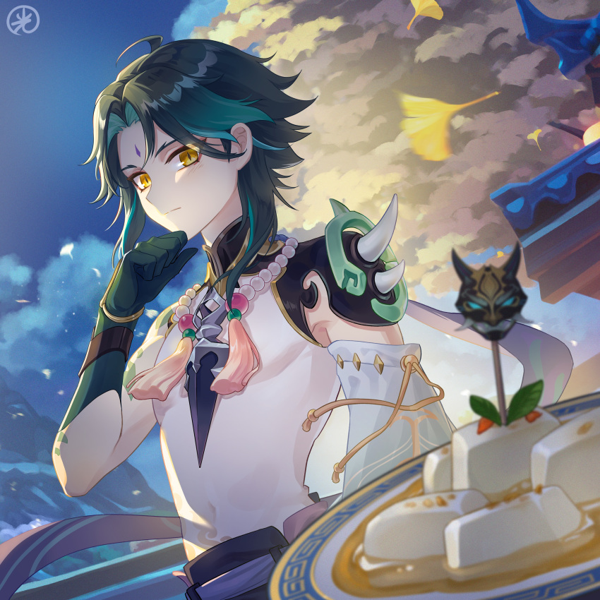 1boy absurdres ahoge aqua_hair bangs bead_necklace beads closed_mouth clouds detached_sleeves facial_mark falling_leaves food forehead_mark genshin_impact ginkgo_leaf gloves green_gloves green_hair hand_up highres hikaru002001 jewelry leaf long_sleeves looking_at_viewer male_focus mountain multicolored_hair necklace night night_sky outdoors parted_bangs plate shirt short_hair shoulder_spikes sidelocks single_detached_sleeve sky sleeveless sleeveless_shirt spikes streaked_hair tassel tofu tree upper_body white_shirt xiao_(genshin_impact) yellow_eyes