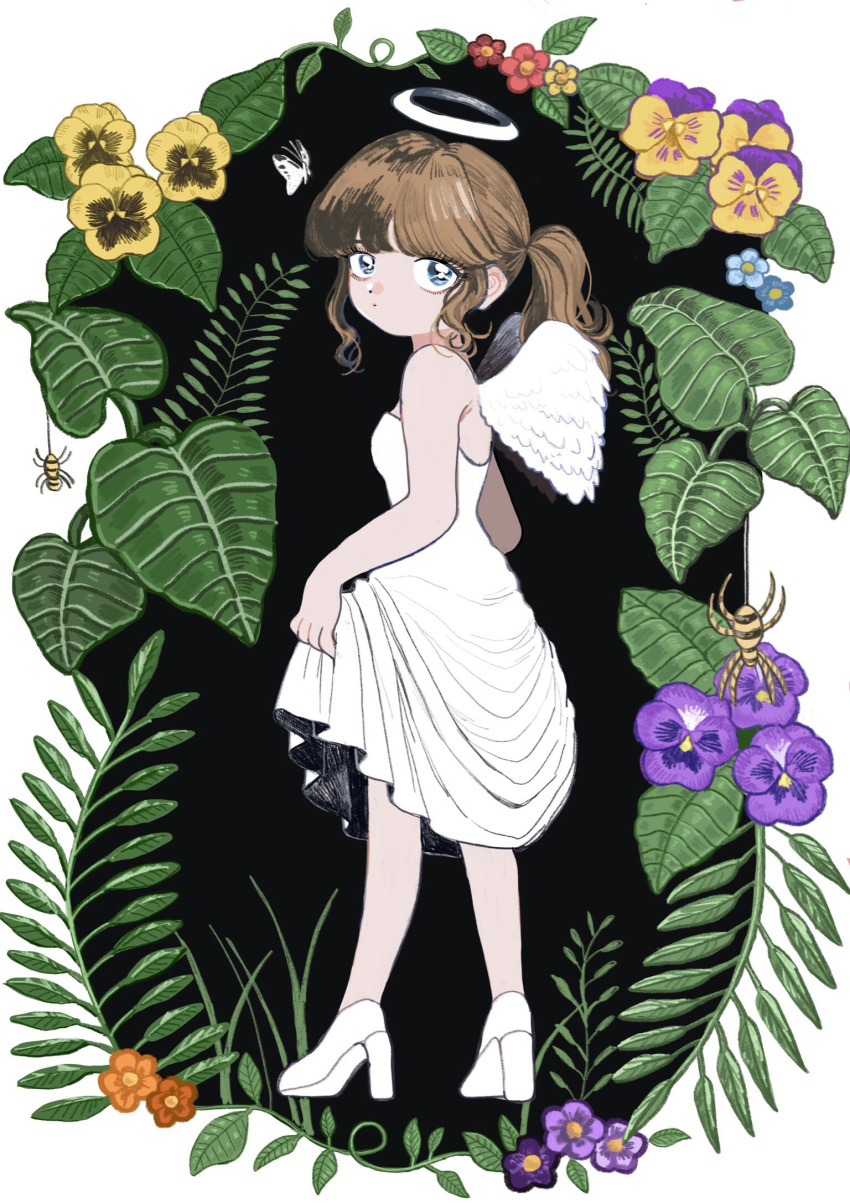 1girl amamams angel angel_wings blue_eyes brown_hair bug butterfly dress flower framed from_behind halo high_heels highres leaf looking_at_viewer looking_back multicolored_hair original pansy plant ponytail skirt_hold spider strapless strapless_dress two-tone_hair white_dress wings