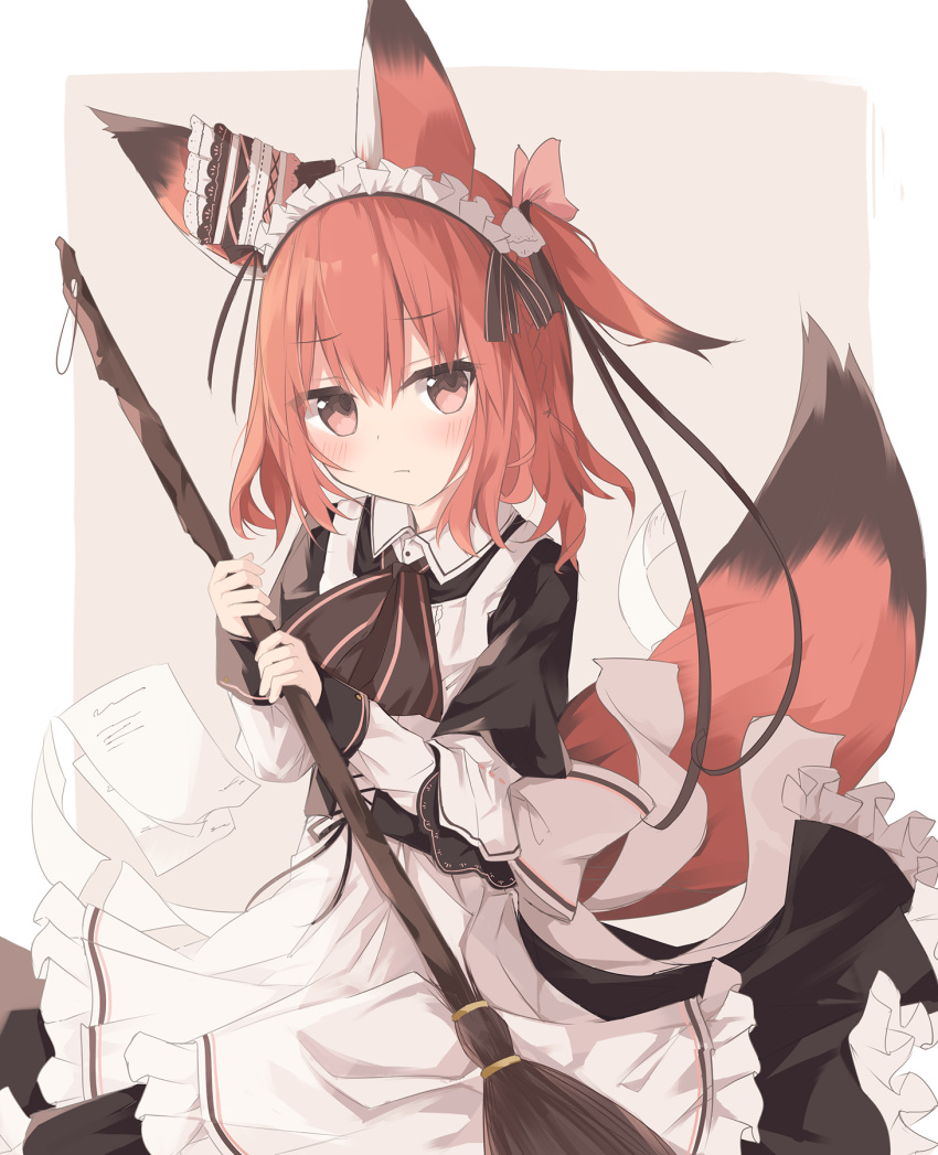 1girl animal_ears apron black_dress black_hair broom closed_mouth commentary_request dress fox_ears fox_girl fox_tail frilled_dress frills grey_background highres holding holding_broom kushida_you layered_sleeves long_sleeves looking_at_viewer maid maid_apron maid_headdress multicolored_hair one_side_up original puffy_short_sleeves puffy_sleeves red_eyes redhead short_over_long_sleeves short_sleeves solo streaked_hair tail two-tone_background white_apron white_background