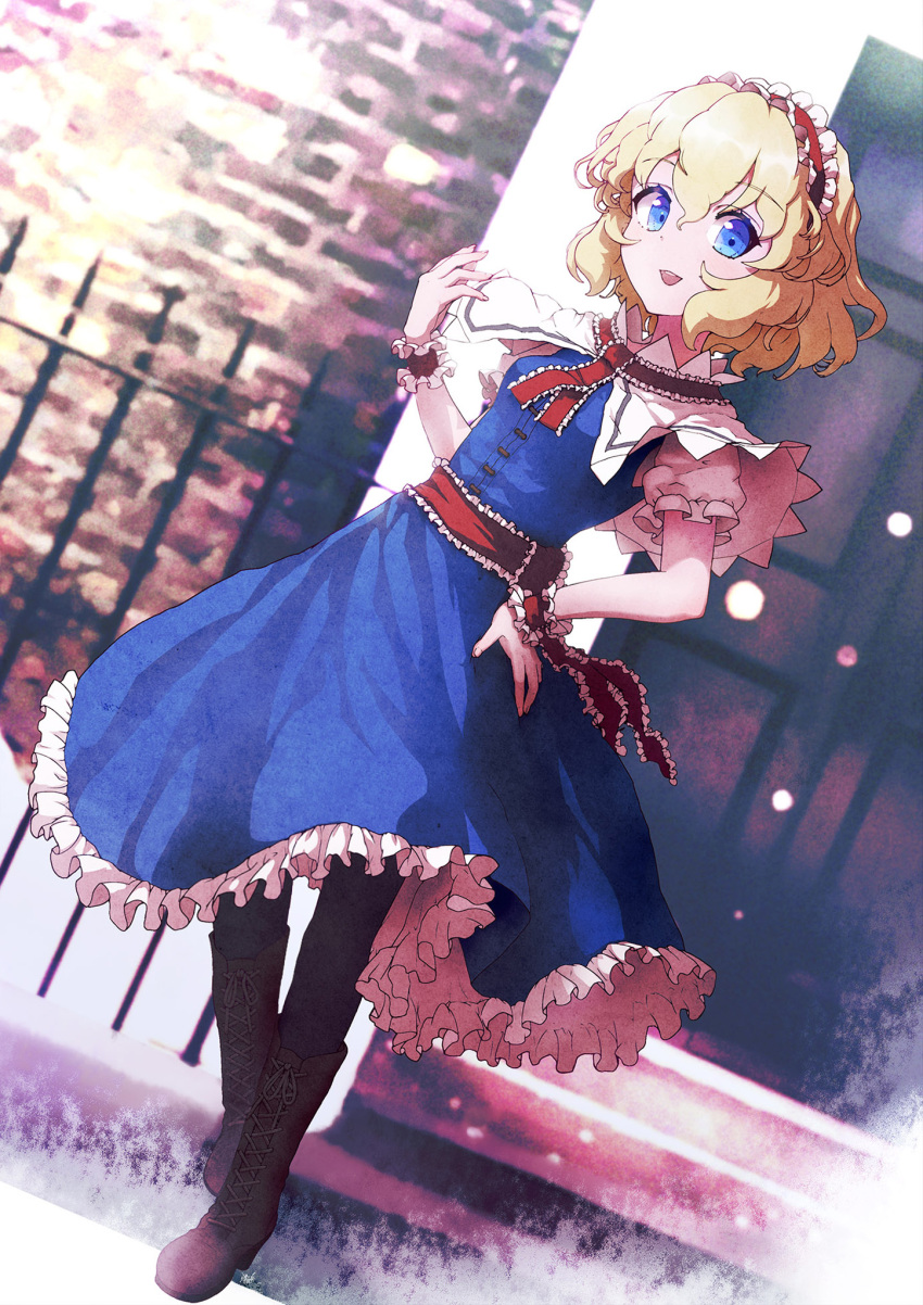 1girl :d alice_margatroid ascot bangs black_pantyhose blonde_hair blue_dress blue_eyes blurry blurry_background boots brown_footwear capelet commentary cross-laced_footwear door dress dutch_angle fence frilled_ascot frilled_cuffs frilled_ribbon frills full_body hand_on_hip headband highres ikamagu looking_at_viewer medium_hair open_mouth outdoors pantyhose pinafore_dress puffy_short_sleeves puffy_sleeves red_ascot red_headband red_ribbon ribbon shirt short_sleeves smile solo standing stone_wall touhou wall white_capelet white_shirt