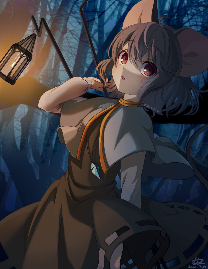 1girl :o ahoge animal_ears bangs black_dress capelet commentary cowboy_shot dated dowsing_rod dress forest grey_capelet grey_hair grey_shirt hair_between_eyes highres jewelry lantern long_sleeves ma_tubune medium_hair mouse_ears mouse_girl mouse_tail nature nazrin night open_mouth pendant red_eyes shirt signature solo tail touhou twitter_username