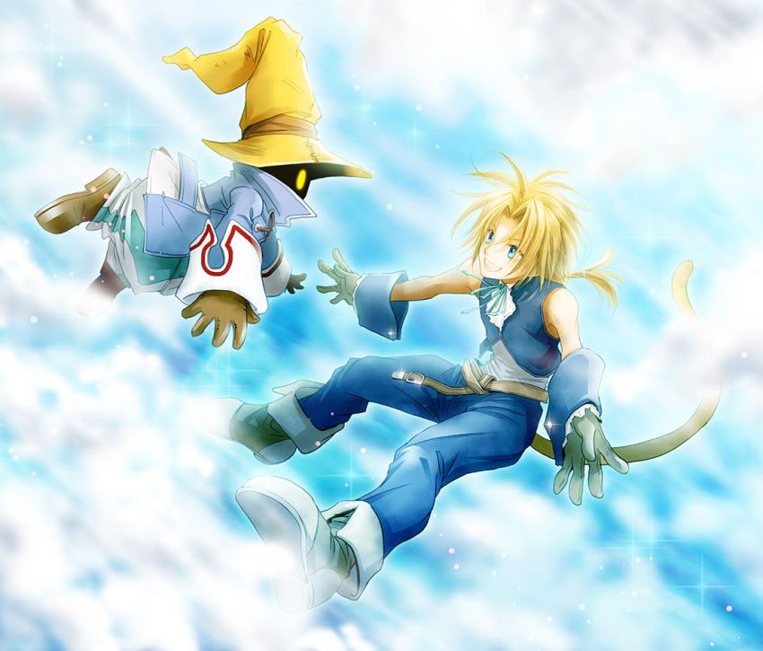 2boys baggy_pants bangs bare_shoulders belt black_mage blonde_hair blue_background blue_coat blue_eyes blue_pants blue_vest boots brown_footwear brown_gloves coat cuffs final_fantasy final_fantasy_ix floating full_body gloves hat lace-up long_hair looking_at_another low_ponytail male_focus monkey_tail multiple_boys neck_ribbon open_mouth outstretched_arms pants parted_bangs persia_(blue-sky) ribbon shirt simple_background sleeveless sleeveless_shirt smile sparkle striped striped_pants tail teeth upper_teeth vest vivi_ornitier white_shirt wizard_hat yellow_eyes zidane_tribal