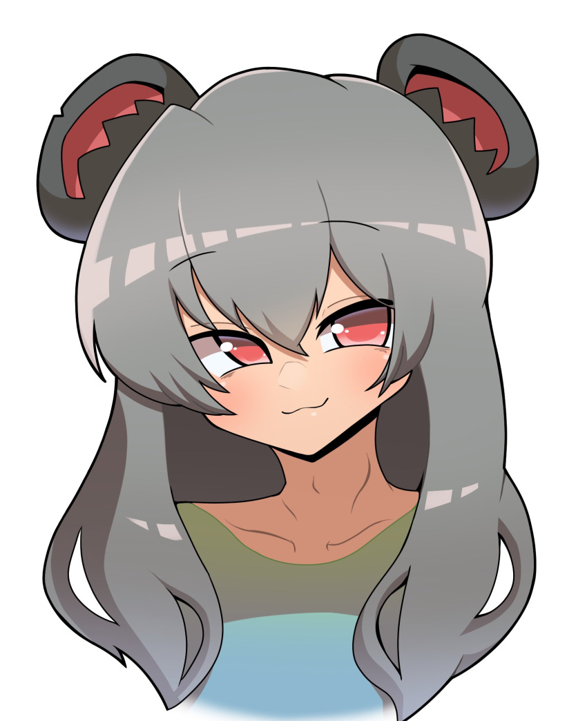 1girl :3 alternate_hair_length alternate_hairstyle animal_ears bangs blush closed_mouth colorized commentary_request cookie_(touhou) green_shirt grey_hair highres looking_at_viewer madore mouse_ears nazrin nyon_(cookie) portrait red_eyes shirt simple_background smile solo touhou ttttttrrrrrrkkk white_background