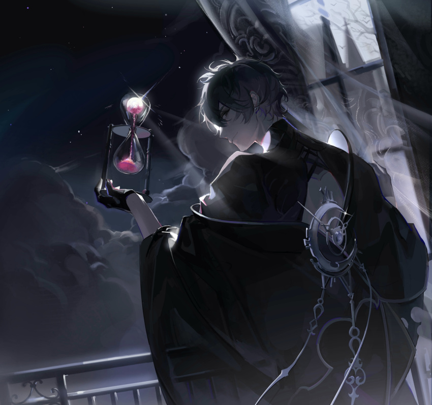 1boy amon_(lord_of_the_mysteries) angel balcony bangs black_eyes black_gloves black_hair black_robe chinese_commentary clouds cloudy_sky commentary_request dark earrings from_behind gloves highres holding_hourglass hourglass jewelry looking_back lord_of_the_mysteries male_focus monocle moon mrthersh night night_sky red_moon robe sand sky smile solo