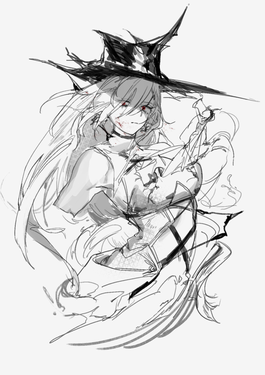 1girl a9712mob arknights bangs bare_shoulders blood blood_on_face eyes_visible_through_hair gladiia_(arknights) greyscale hair_over_one_eye hat highres long_hair monochrome red_eyes simple_background sketch solo spot_color unfinished upper_body white_background