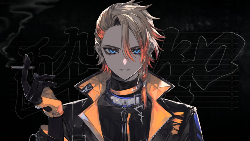 1boy axel_syrios black_gloves blonde_hair braid cigarette collar commentary_request gloves holding holding_cigarette holostars holostars_english looking_at_viewer multicolored_hair null1040 official_art redhead single_braid solo streaked_hair virtual_youtuber yoidore_shirazu_(vocaloid)