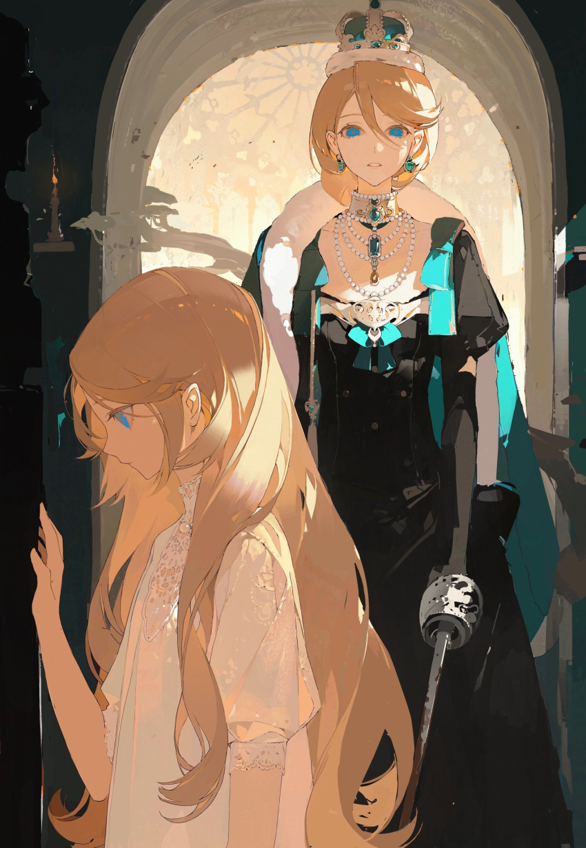 2girls aqua_cape arch bangs bead_necklace beads black_dress black_gloves blonde_hair blood blood_on_weapon blue_eyes blue_gemstone branch candle cape chongzhen_085 closed_mouth copyright_request crescent crescent_pin crown doorway dress earrings elbow_gloves fur-trimmed_cape fur_trim gem gloves hair_between_eyes hand_up highres holding holding_sword holding_weapon indoors jewelry lace lace-trimmed_sleeves lace_trim long_hair looking_at_viewer multiple_girls neck_ring necklace parted_lips plant profile puffy_short_sleeves puffy_sleeves royal_robe short_sleeves standing sunlight sword updo weapon white_dress window