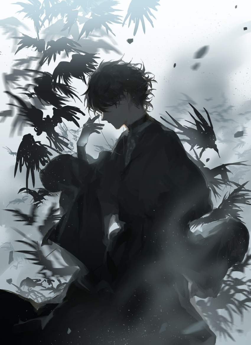 1boy absurdres adjusting_eyewear amon_(lord_of_the_mysteries) angel bangs bird black_hair black_robe chinese_commentary commentary_request crow dark hand_up highres ji26725339 long_sleeves lord_of_the_mysteries monocle robe