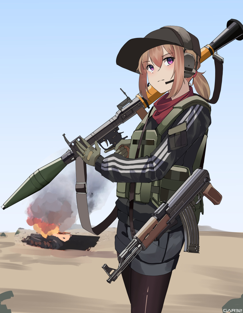 1girl absurdres ak-47 artist_name assault_rifle bangs baseball_cap black_headwear black_jacket blue_sky blush brown_hair closed_mouth commentary day desert ear_protection fire gar32 gloves green_gloves grey_shorts gun hair_between_eyes hat headgear highres holding holding_gun holding_weapon jacket kalashnikov_rifle legwear_under_shorts long_sleeves looking_away looking_to_the_side original outdoors pantyhose puffy_long_sleeves puffy_sleeves rifle rocket_launcher rpg rpg-7 sand short_shorts shorts sky solo violet_eyes weapon