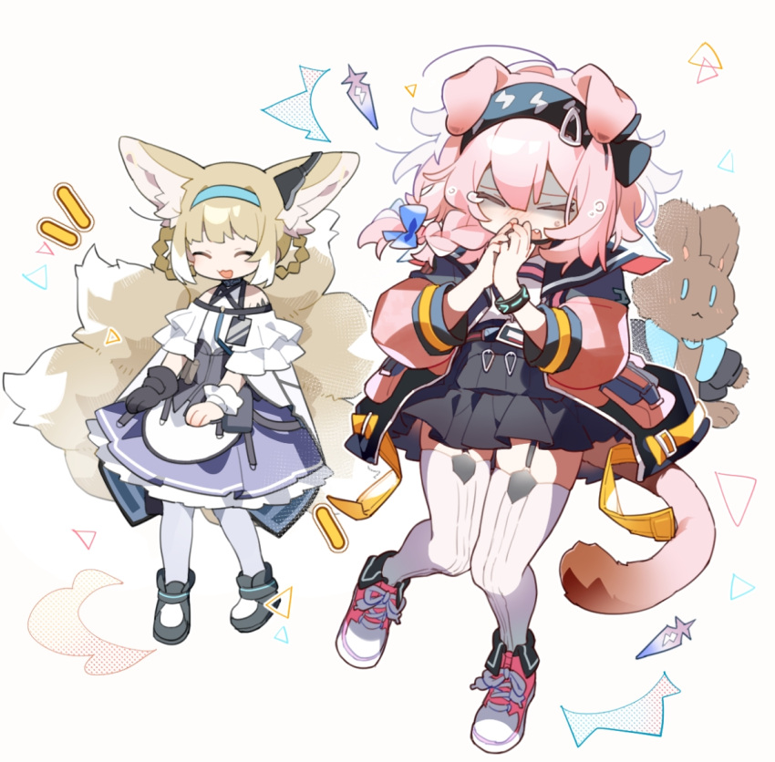2girls ^_^ amiya_(arknights) animal_ears arknights baiwei_er_hao_ji bare_shoulders black_bow black_bracelet black_footwear black_gloves black_hairband black_skirt blonde_hair blue_bow blue_hairband bow braid cat_ears cat_girl cat_tail character_doll closed_eyes crying dress earpiece fang floppy_ears fox_ears fox_girl fox_tail full_body garter_straps gloves goldenglow_(arknights) hair_bow hairband id_card infection_monitor_(arknights) kitsune laughing lightning_bolt_print long_hair multicolored_hair multiple_girls open_mouth oripathy_lesion_(arknights) own_hands_together pantyhose pink_footwear pink_hair print_hairband purple_dress shaded_face shirt shoes simple_background single_glove single_wrist_cuff skirt standing streaked_hair stuffed_animal stuffed_bunny stuffed_toy suzuran_(arknights) tail thigh-highs two-tone_dress white_background white_dress white_pantyhose white_shirt white_thighhighs white_wrist_cuffs wrist_cuffs