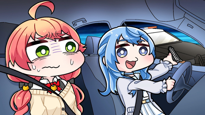 2girls ahoge aiming between_breasts blue_choker blue_eyes blue_hair bow breasts car car_interior choker dress driving green_eyes ground_vehicle hair_bow highres hololive komainu_channel low_twintails medium_breasts motor_vehicle multiple_girls nervous open_mouth pink_hair pleated_dress police_car sailor_dress sakura_miko seatbelt smile sweat twintails virtual_youtuber wavy_hair