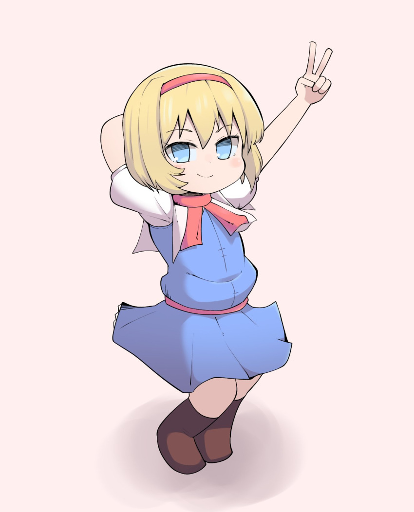 1girl alice_margatroid arm_behind_head arms_up bangs blonde_hair blue_dress blue_eyes blush boots brown_footwear capelet closed_mouth commentary_request cookie_(touhou) derivative_work dress flat_chest full_body hairband highres ichigo_(cookie) looking_at_viewer madore puffy_short_sleeves puffy_sleeves red_hairband red_sash red_scarf sash scarf short_sleeves simple_background smile solo standing touhou v white_capelet