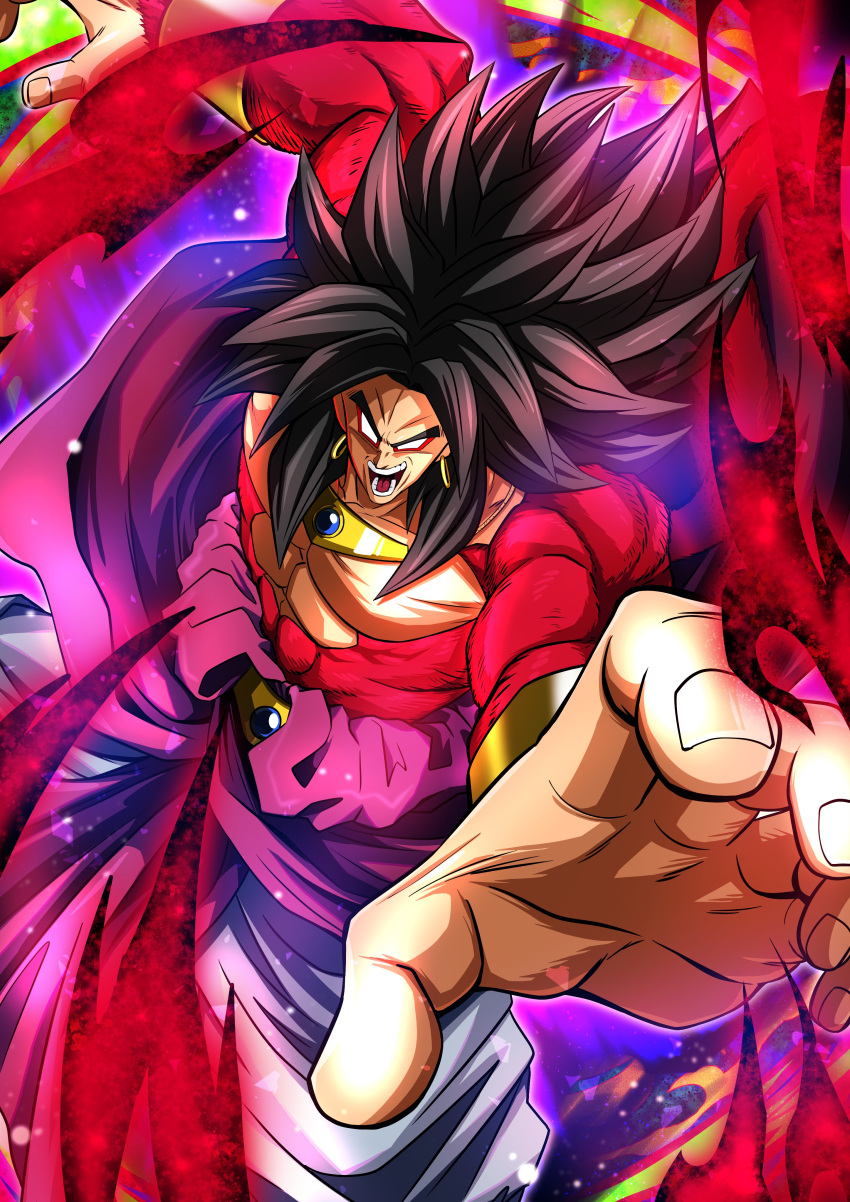1boy abs absurdres armlet baggy_pants black_hair body_fur bracer broly_(dragon_ball_z) circlet dragon_ball dragon_ball_heroes earrings forehead_jewel gold_earrings gold_necklace highres hoop_earrings jewelry legendary_super_saiyan looking_at_viewer monkey_boy monkey_tail muscular muscular_male necklace no_pupils pants red_fur spiky_hair super_saiyan super_saiyan_4 tail topless_male vambraces white_pants yuuri_(fukuroudou)