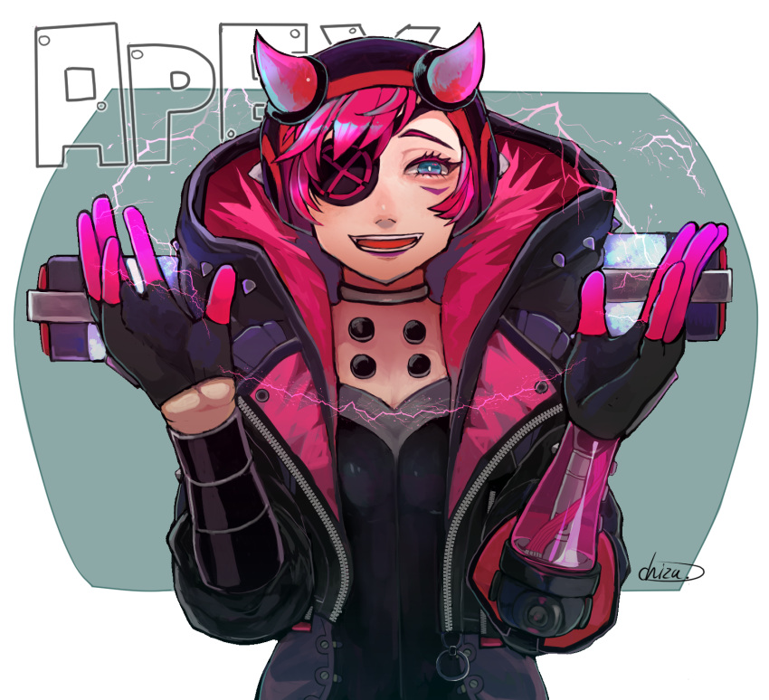 1girl apex_legends black_gloves black_headwear black_jacket blue_eyes cable chizu_(kurukuro) copyright_name cyber_punked_wattson electricity eyepatch gloves grey_choker highres hood hooded_jacket horns jacket mechanical_arms official_alternate_costume one_eye_covered open_hands pink_hair signature single_mechanical_arm smile solo wattson_(apex_legends)