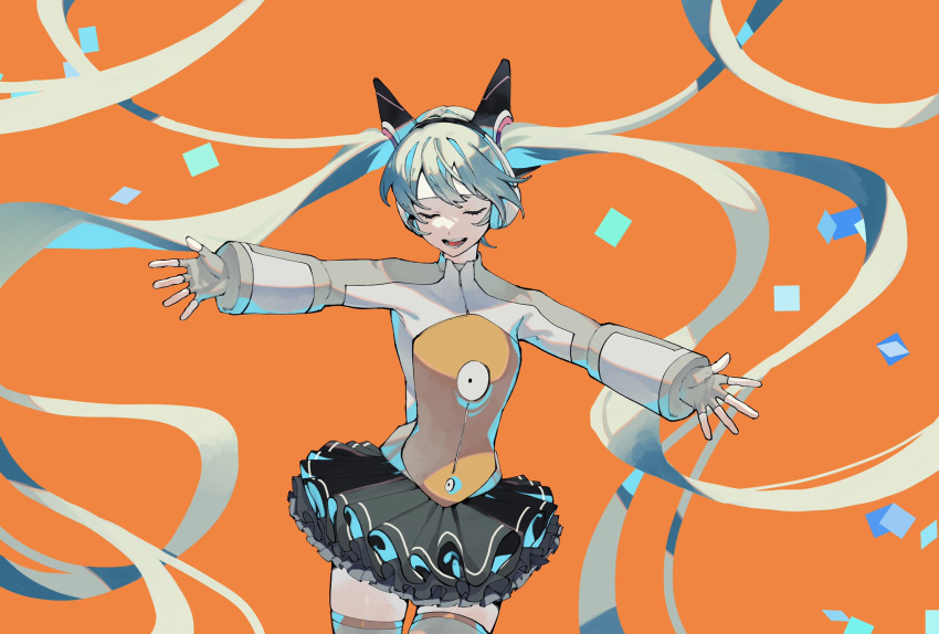 1girl absurdly_long_hair black_skirt bodysuit closed_eyes frilled_skirt frills green_hair grey_sleeves hatsune_miku headphones headset highres long_hair long_sleeves music nemuke2828 odds_&amp;_ends_(vocaloid) open_mouth orange_background orange_bodysuit outstretched_arms outstretched_hand singing skirt solo speaker twintails two-tone_bodysuit very_long_hair vocaloid zettai_ryouiki