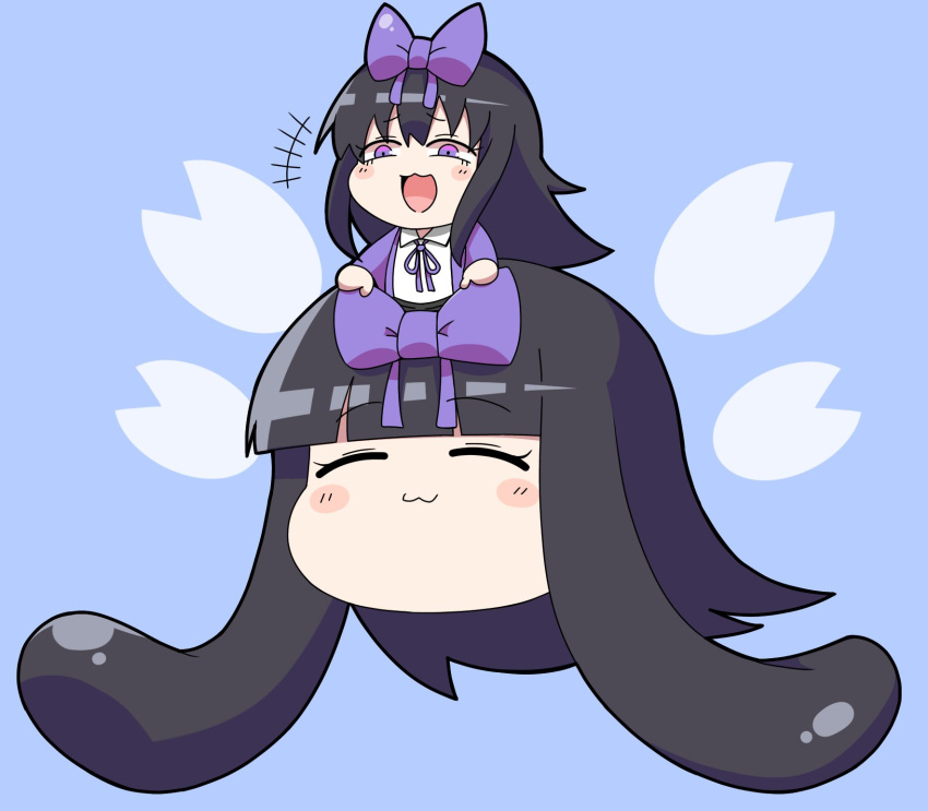 +++ 1girl :3 bangs black_hair blue_background blush bow chibi closed_mouth collared_shirt commentary_request cookie_(touhou) fairy_wings full_body hair_bow highres jacket long_hair madore minigirl neck_ribbon open_mouth purple_bow purple_jacket purple_ribbon ribbon shirt shunga_youkyu simple_background smile star_sapphire touhou violet_eyes white_shirt wings yukkuri_shiteitte_ne
